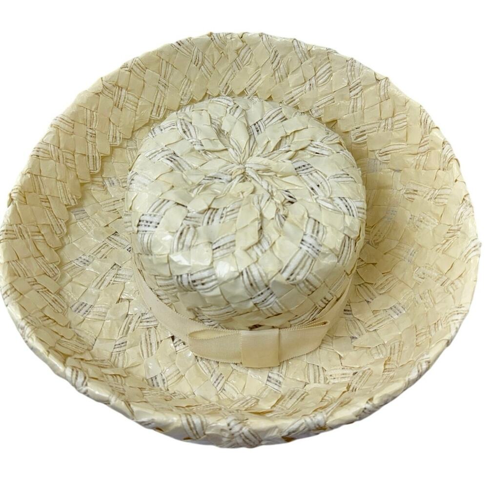 Vintage 60s Leslie James Straw Wide Brim Floral Lace Sun Hat Cream